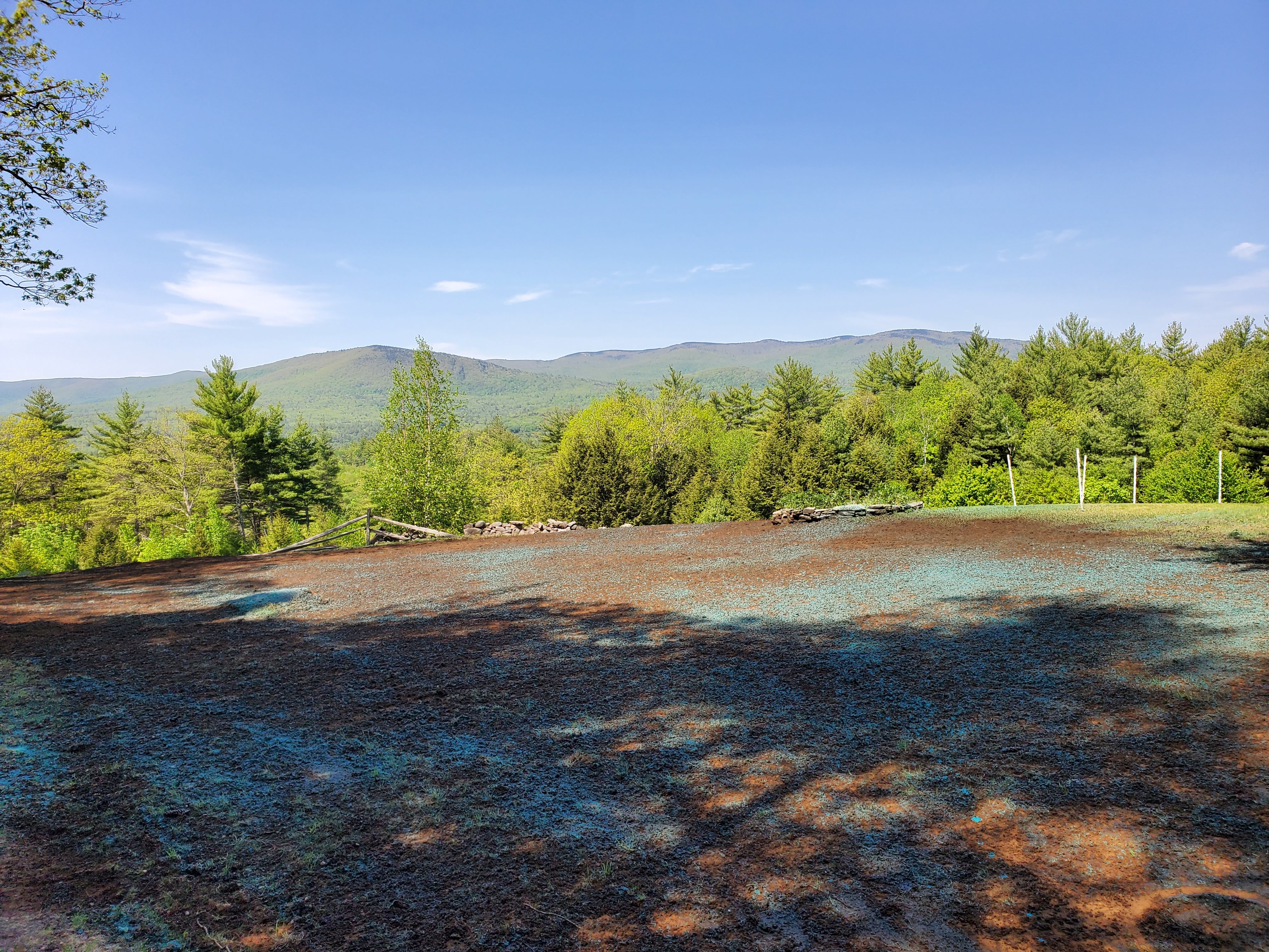 Newly hydroseeded slope with mountain ridge in the background