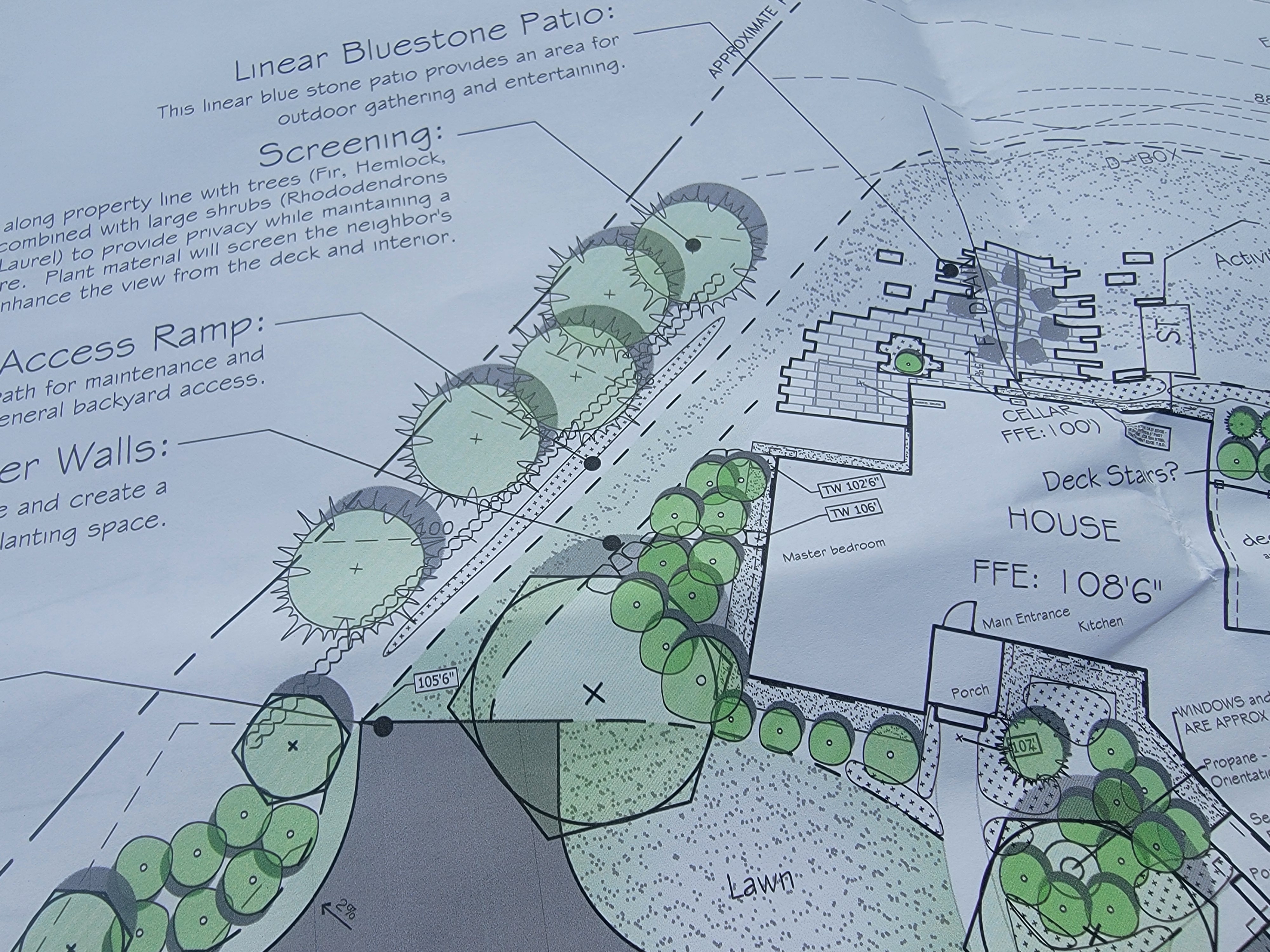 Closeup of a printed landscape design plan with hand annotations